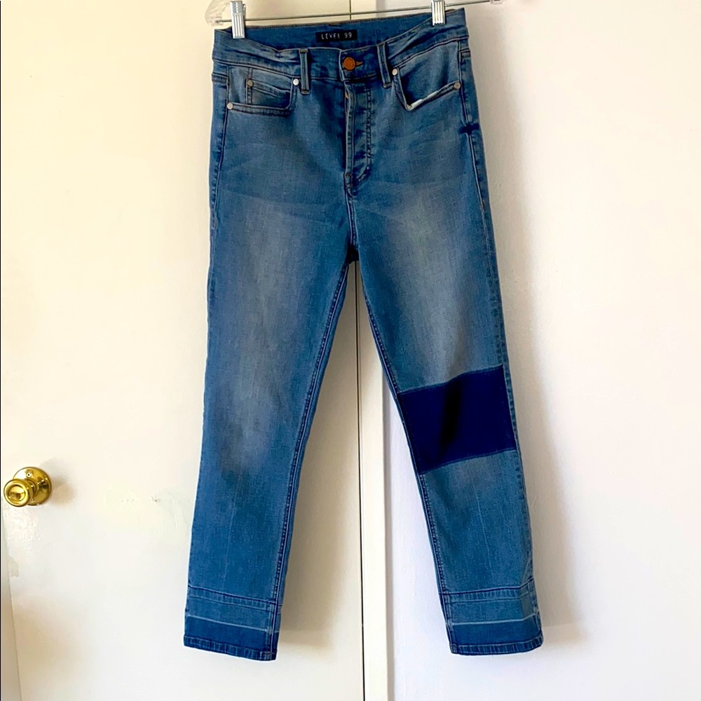 NWOT LEVEL 99 Button Fly Denim Jeans with color patch Size 28 sligtly cropped